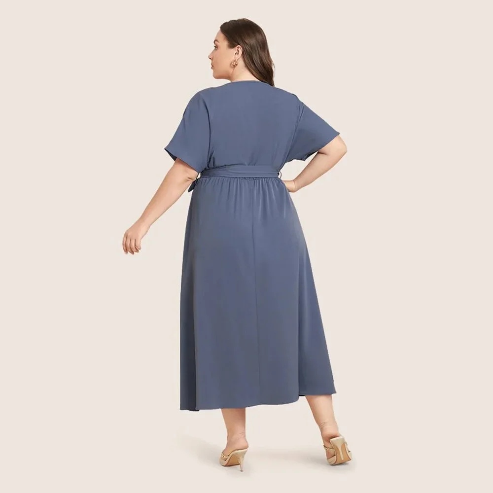 NWT BloomChic StonePlain Dolman Sleeve Pocket Belted Surplice Neck Flutter Dress - Picture 5 of 8